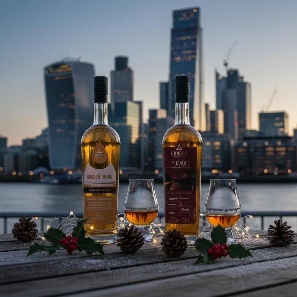 Two bottles of The London Distillery Company whisky on an outside table in London's Docklands