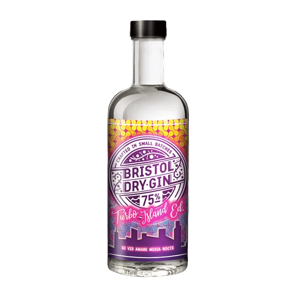 Bottle of Bristol Dry Gin Turbo Island Edition 75% alcohol with a colourful label