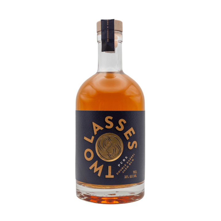 Bottle of Two Lasses Double Barrel Aged Rum on a white background