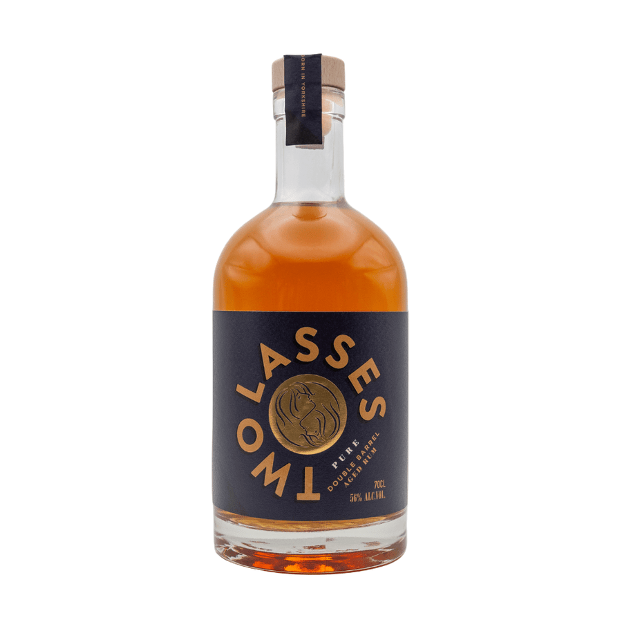 Bottle of Two Lasses Double Barrel Aged Rum on a white background
