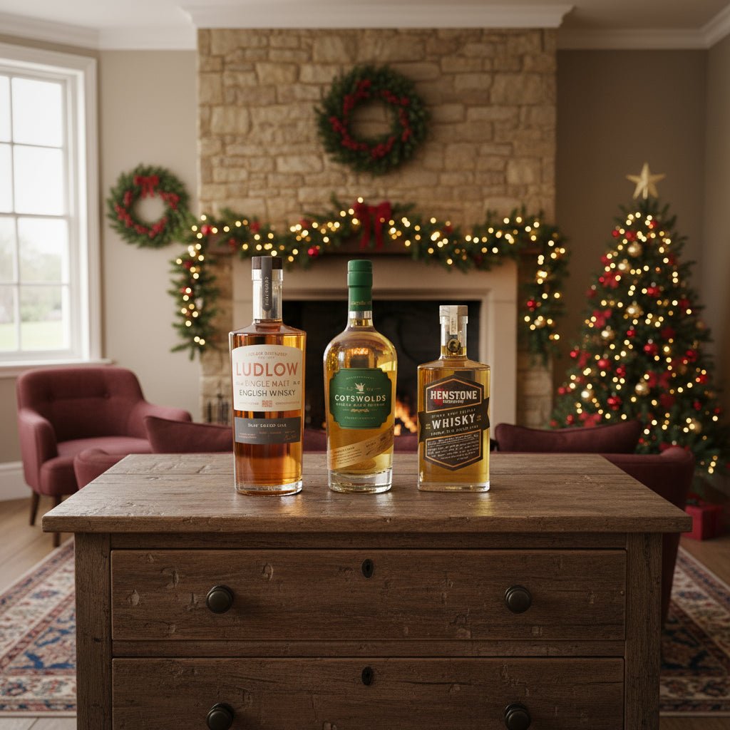 Three bottles of whisky from different brands on a rustic chest of drawers in a living room