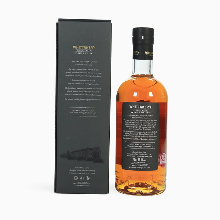 Whittaker's English Whisky bottle and packaging on a white background