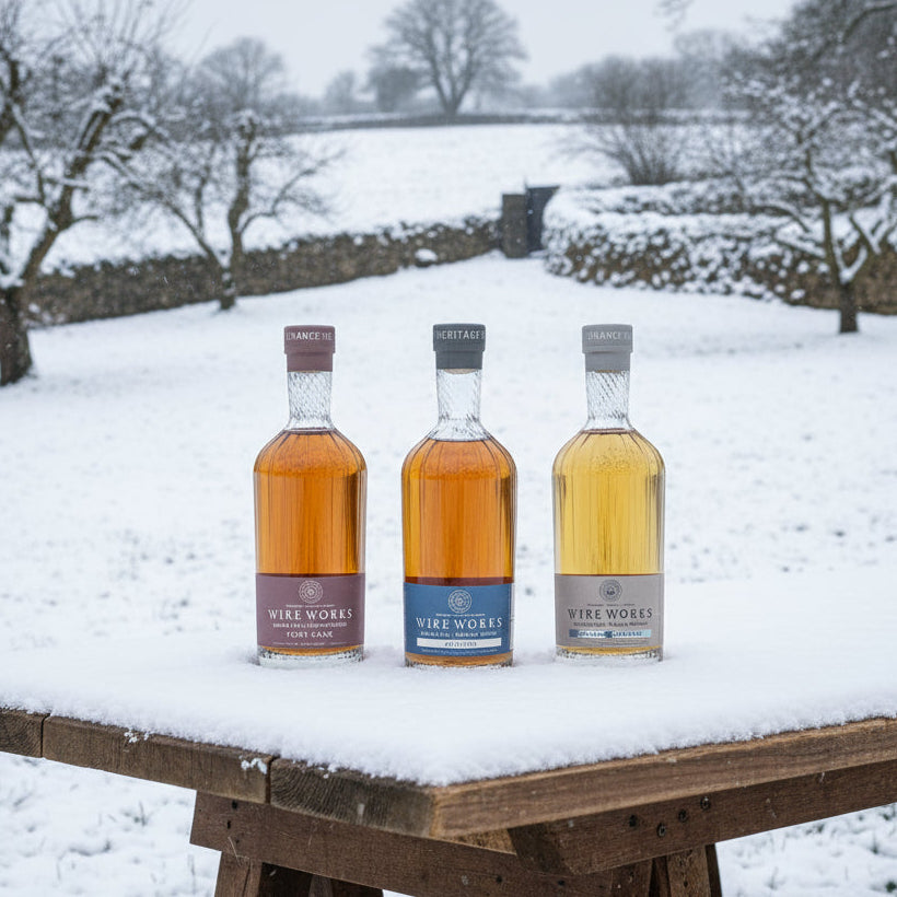 Three bottles of Wire Works single malt whisky on a snowy table outside