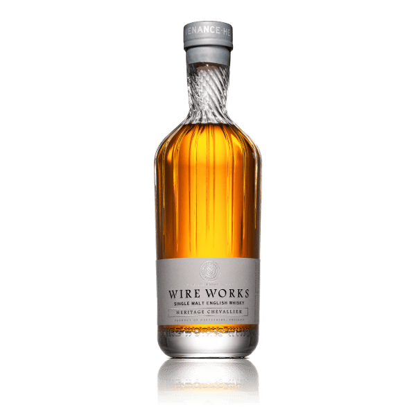 Bottle of White Peak Wire Works Heritage Chevalier Bottle single malt English whisky on a white background