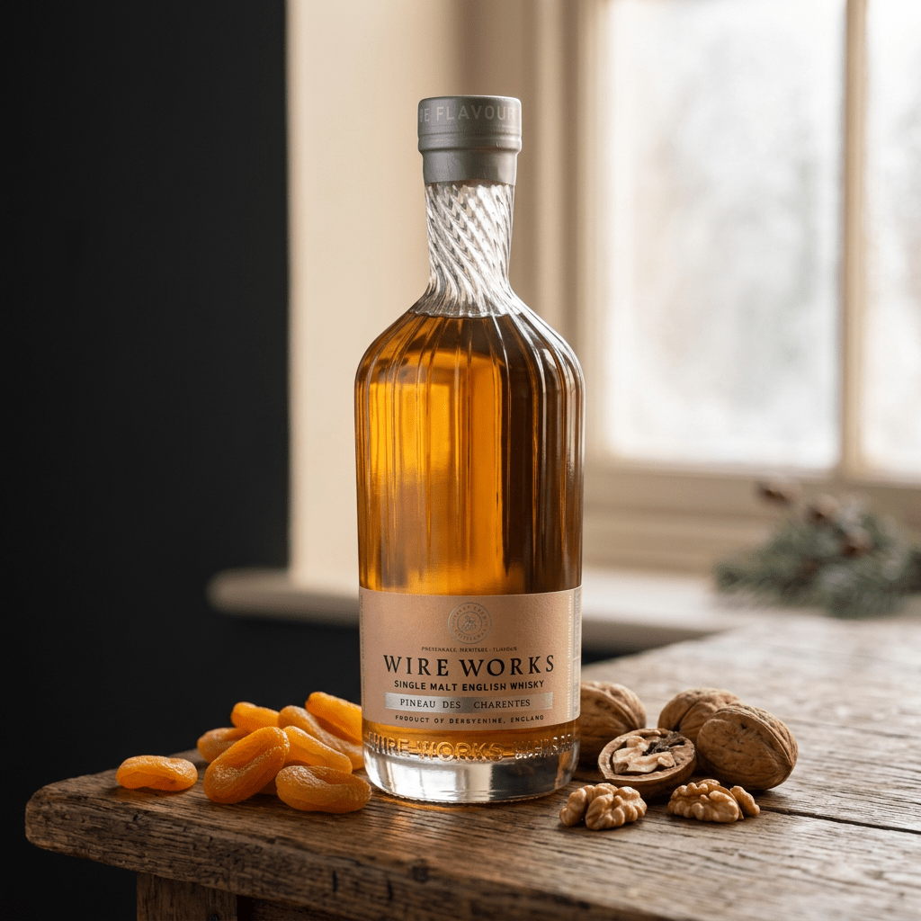 Wire Works Pineau des Charentes single malt whisky on an oak table by a frosted window on Christmas morning, with dried apricots and walnuts